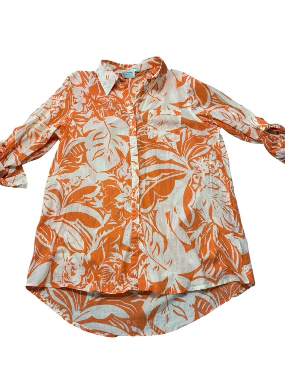 🧡🌴 Free Destinations Tropical Floral Tunic Shirt – Orange & White – Size L EUC